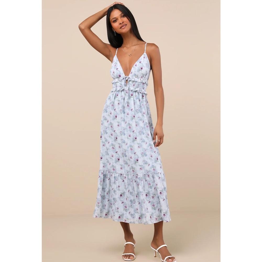 Lulus Sandi Light Blue Floral Tie-Front Ruffle Hem Lightweight Midi Dress Large